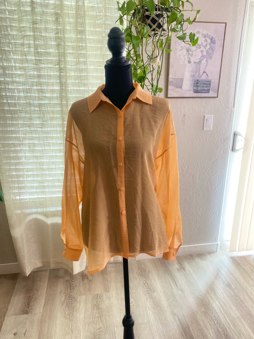 Eileen Fisher Sheer Button-Down Shirt Peach/light Orange